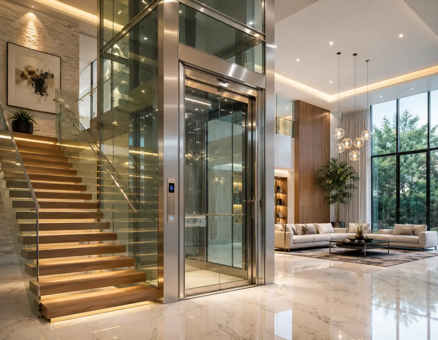 Luxury home elevator installed inside a modern villa with premium interior finishes