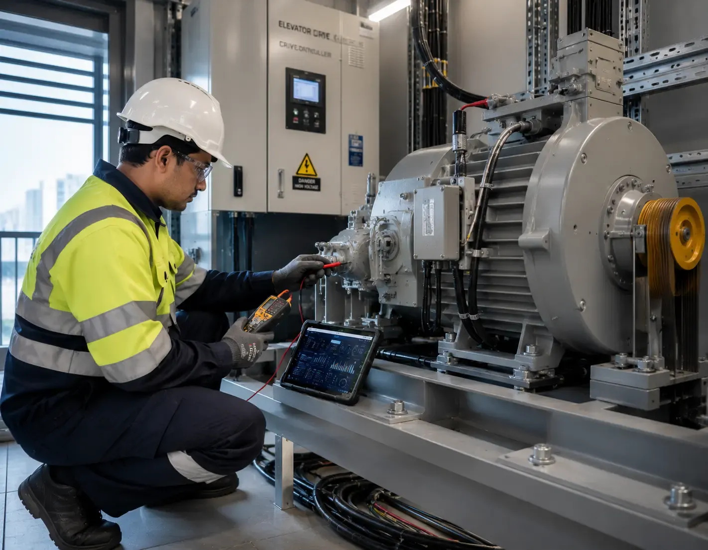 Professional engineer performing preventive elevator AMC maintenance and inspection