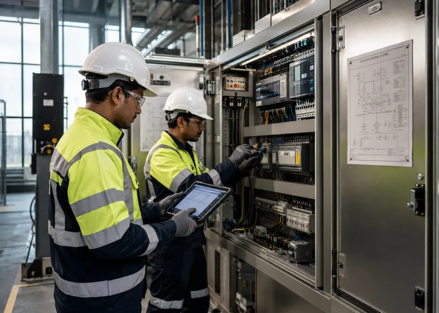 MB Elevator engineers inspecting a modern elevator system in Delhi NCR