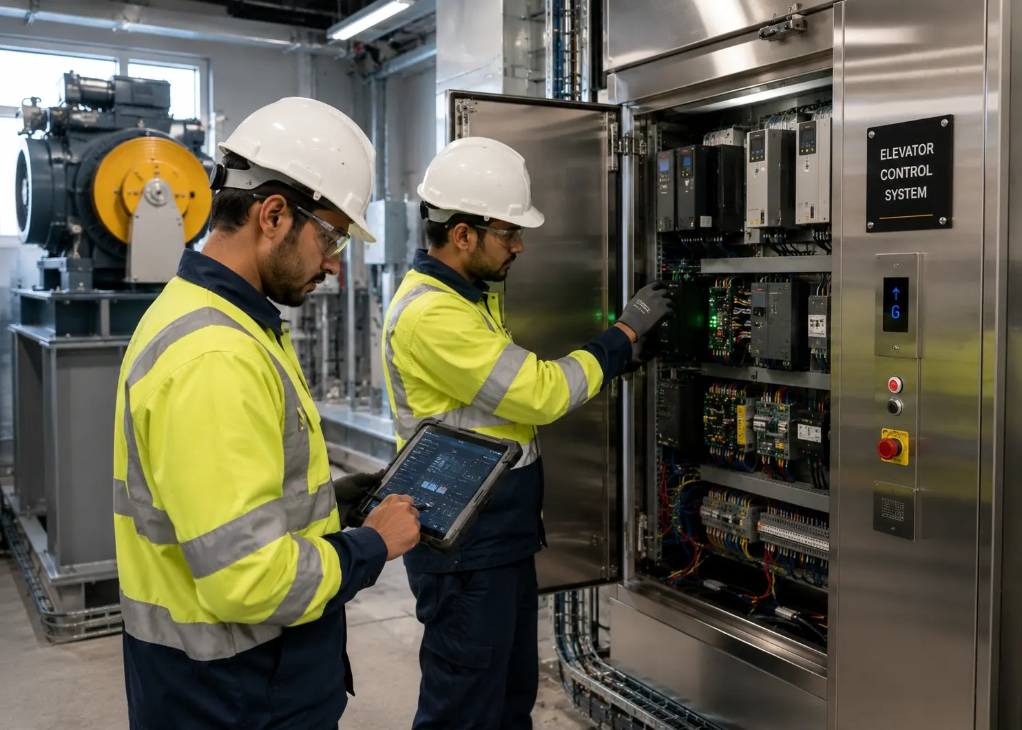 Licensed elevator engineers working on lift installation and maintenance in Delhi NCR
