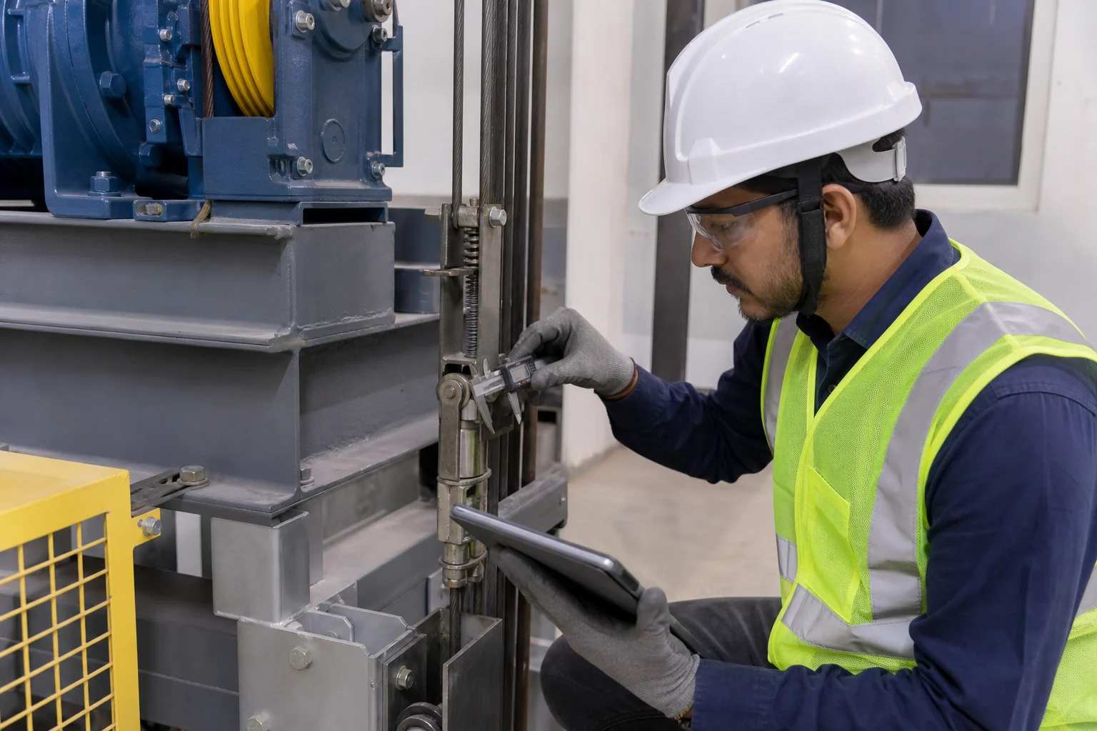 Certified engineer carrying out an elevator safety inspection and load test