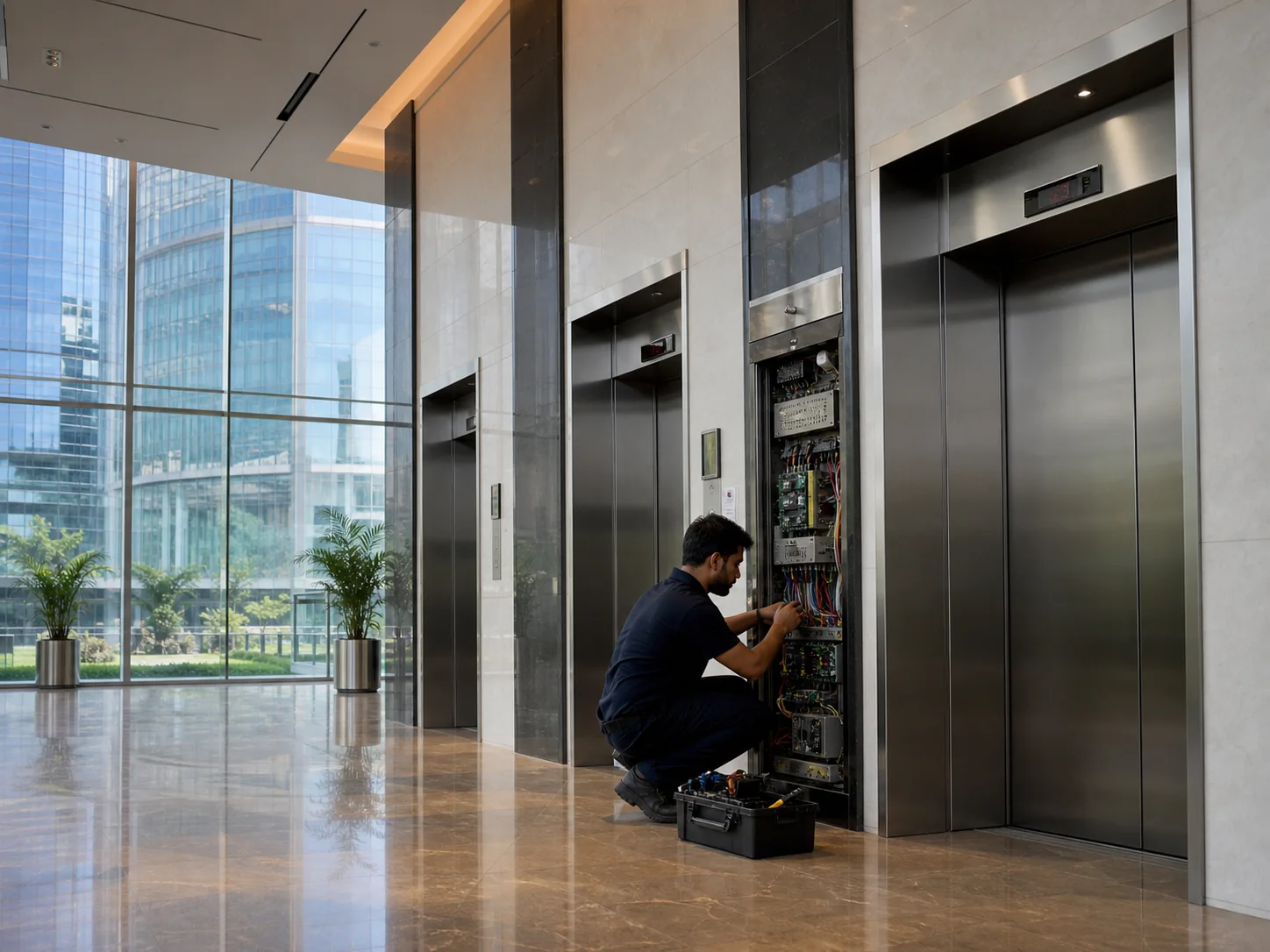 Parallel escalator arrangement in a commercial building