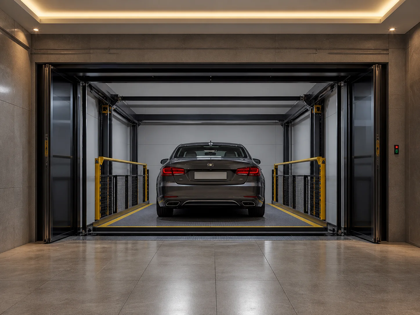 Car elevator platform serving basement parking