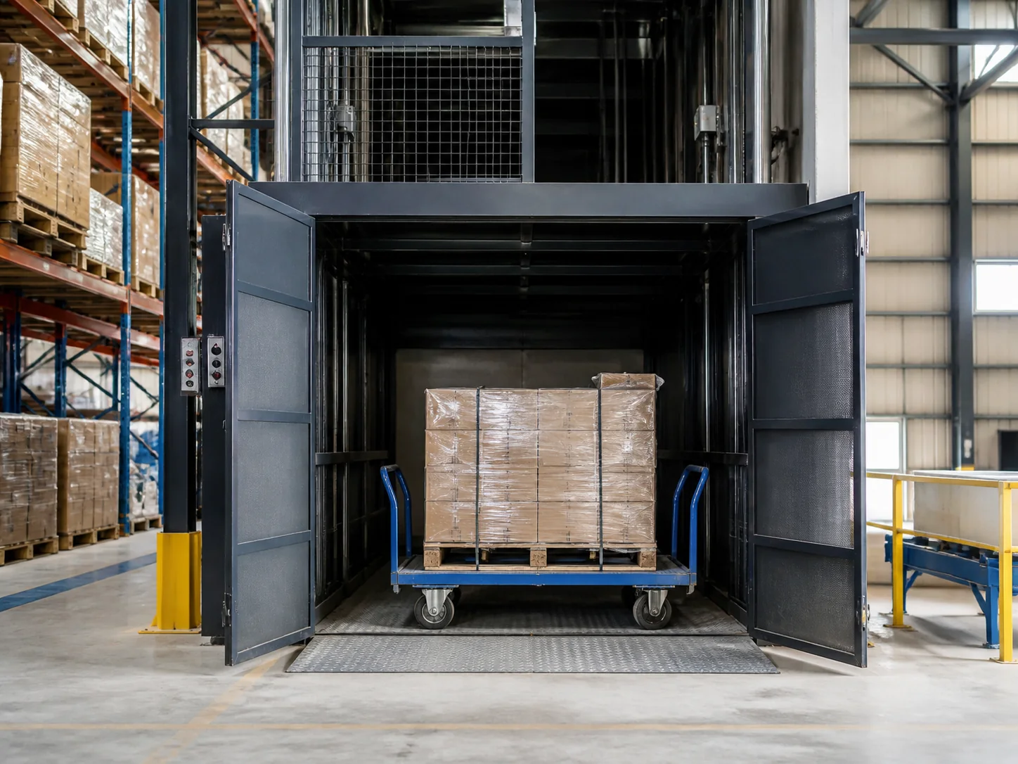 Freight elevator rated for motor vehicle loading in a service or logistics building