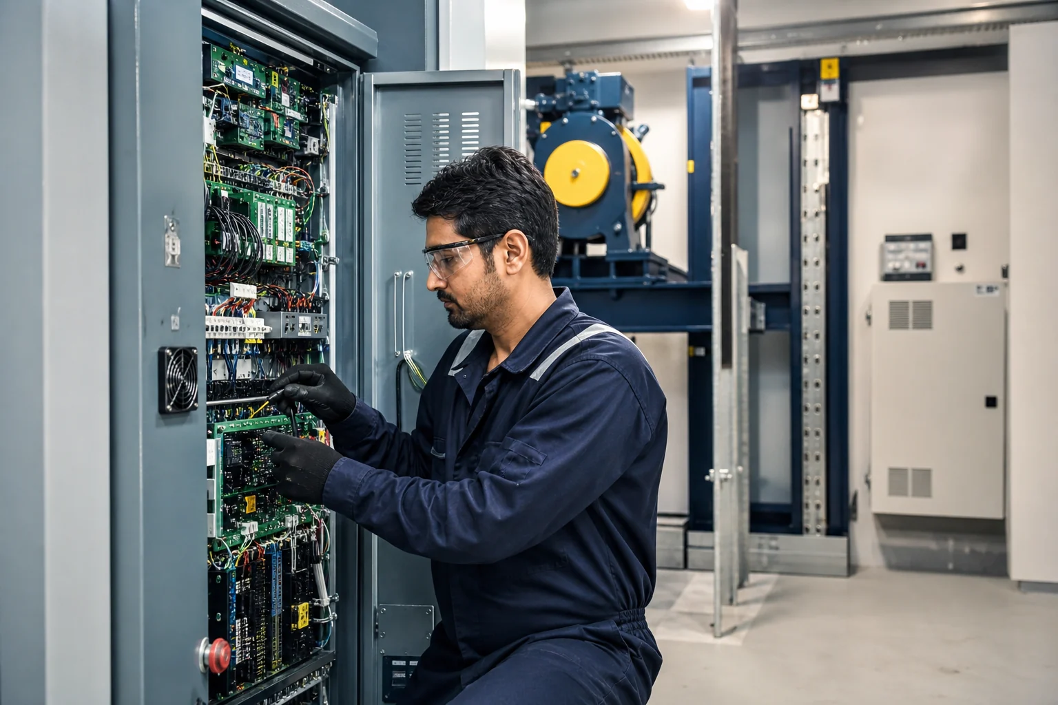 Elevator maintenance engineer at work