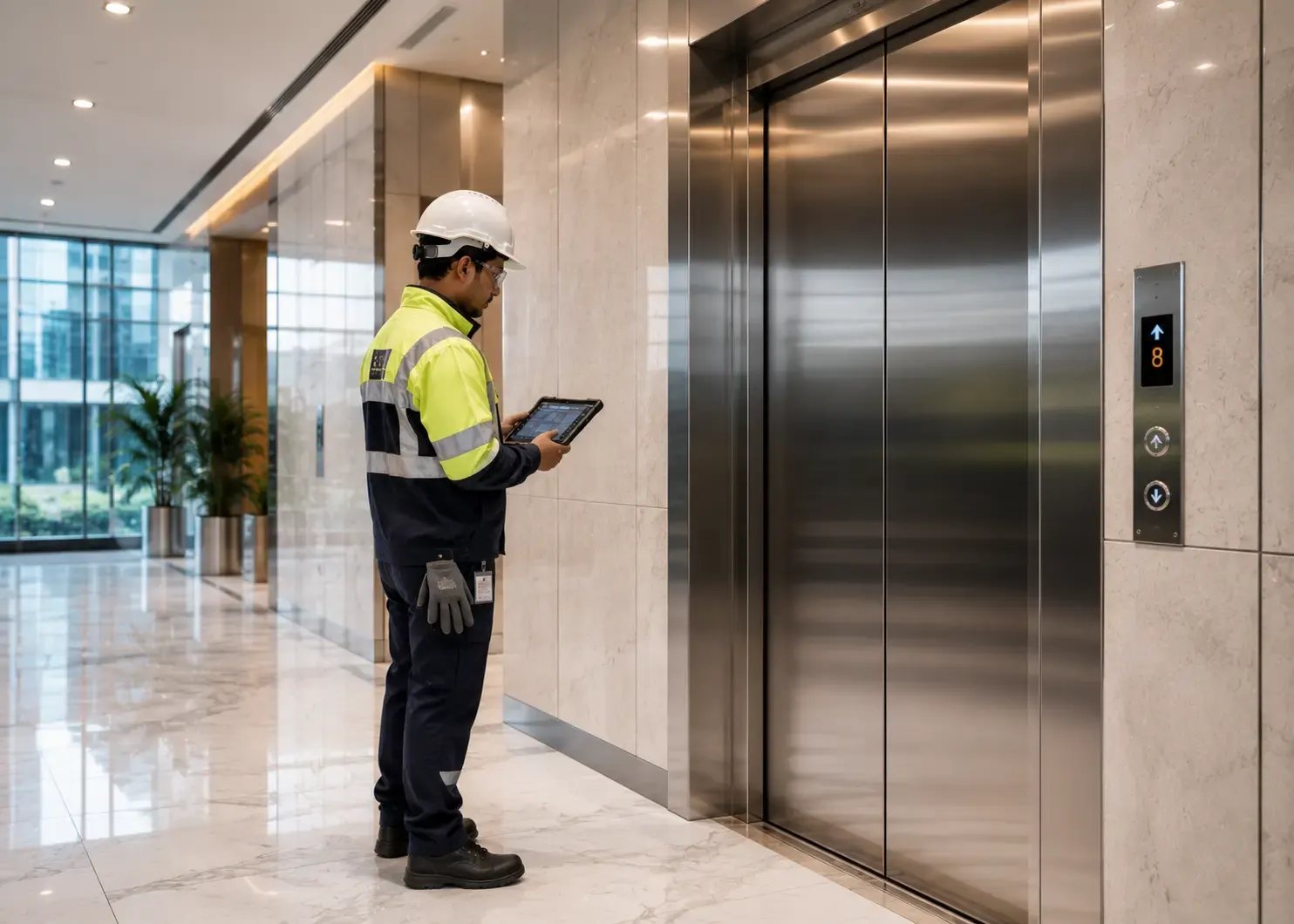 Certified elevator engineer inspecting a passenger lift control system for safety and performance